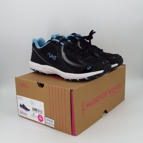 Ryka Shoes - Ryka Dash 3 Black and Blue Comfort Walking Shoes Size 7W Wide Width NEW